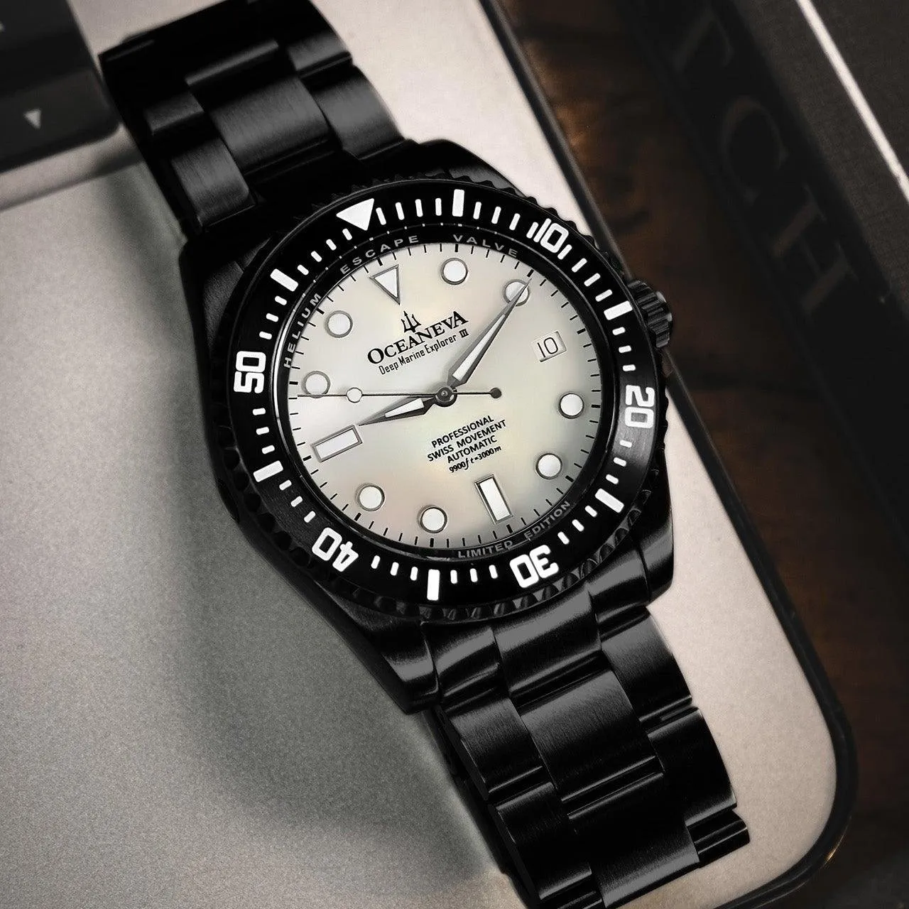 Oceaneva Deep Marine Explorer III Automatic 3000M Pro Diver Black White Mother Of Pearl Limited Edition