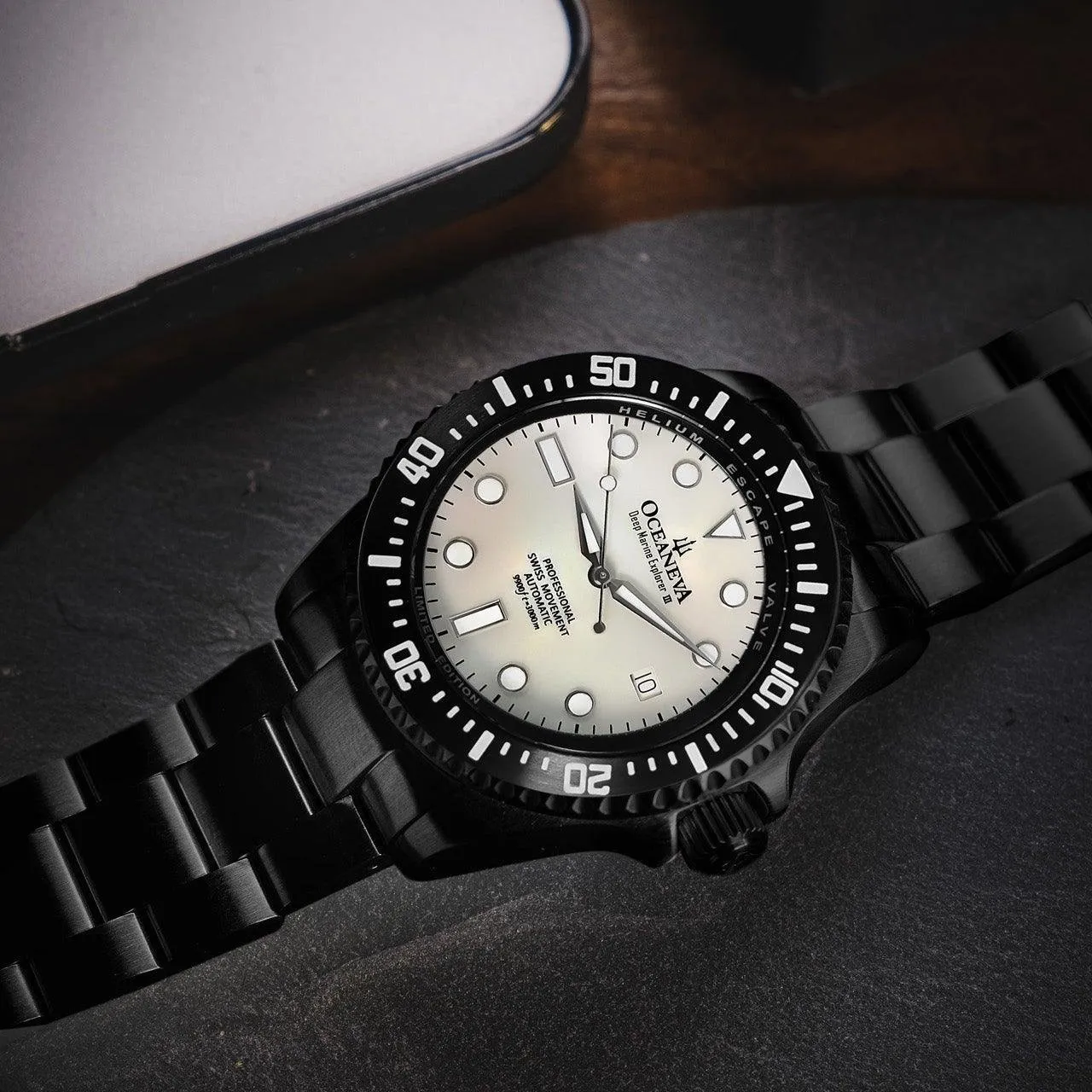 Oceaneva Deep Marine Explorer III Automatic 3000M Pro Diver Black White Mother Of Pearl Limited Edition