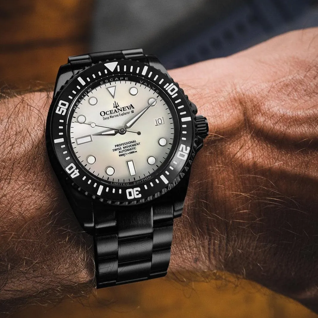 Oceaneva Deep Marine Explorer III Automatic 3000M Pro Diver Black White Mother Of Pearl Limited Edition