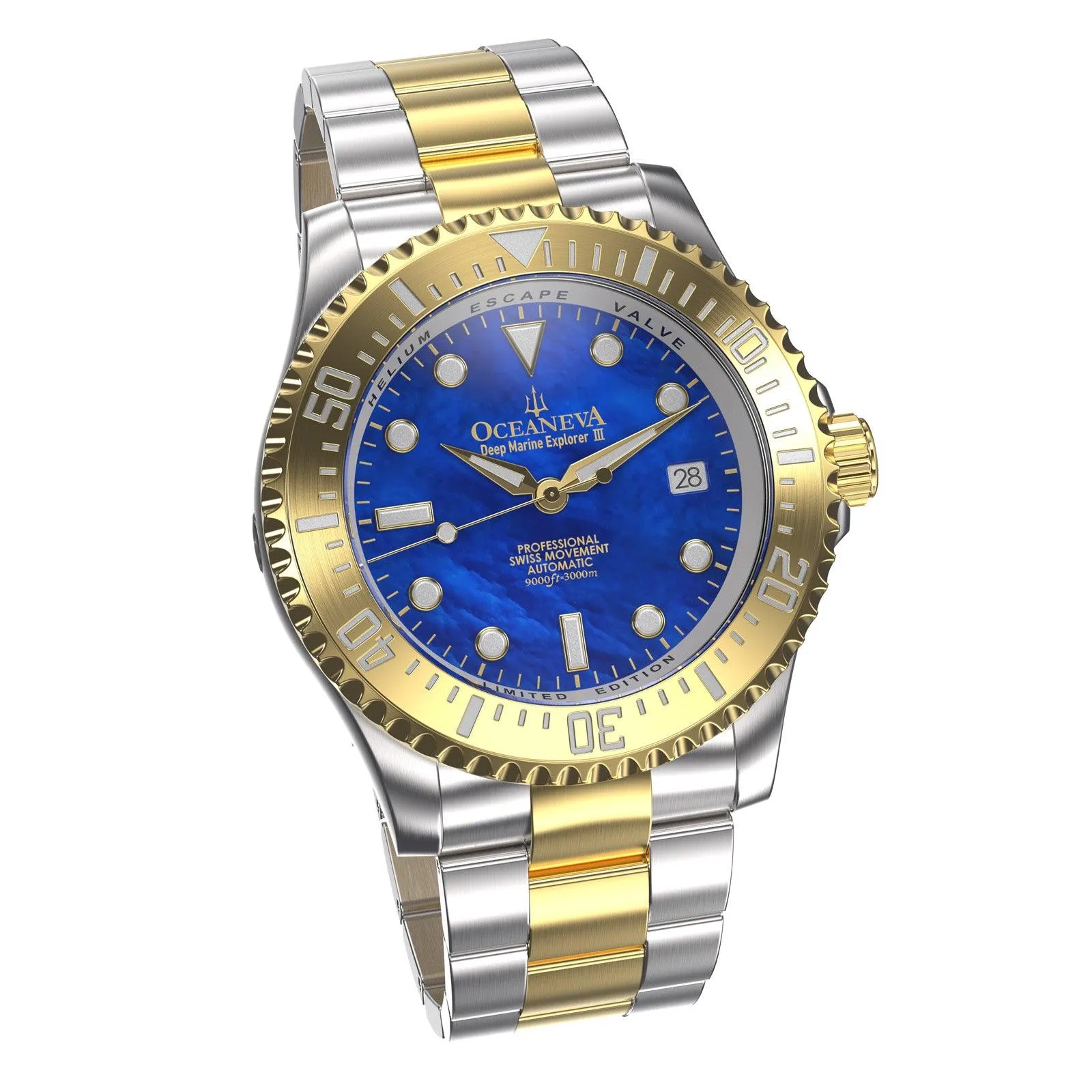 Oceaneva Deep Marine Explorer III Automatic 3000M Pro Diver Gold Blue Mother of Pearl Limited Edition
