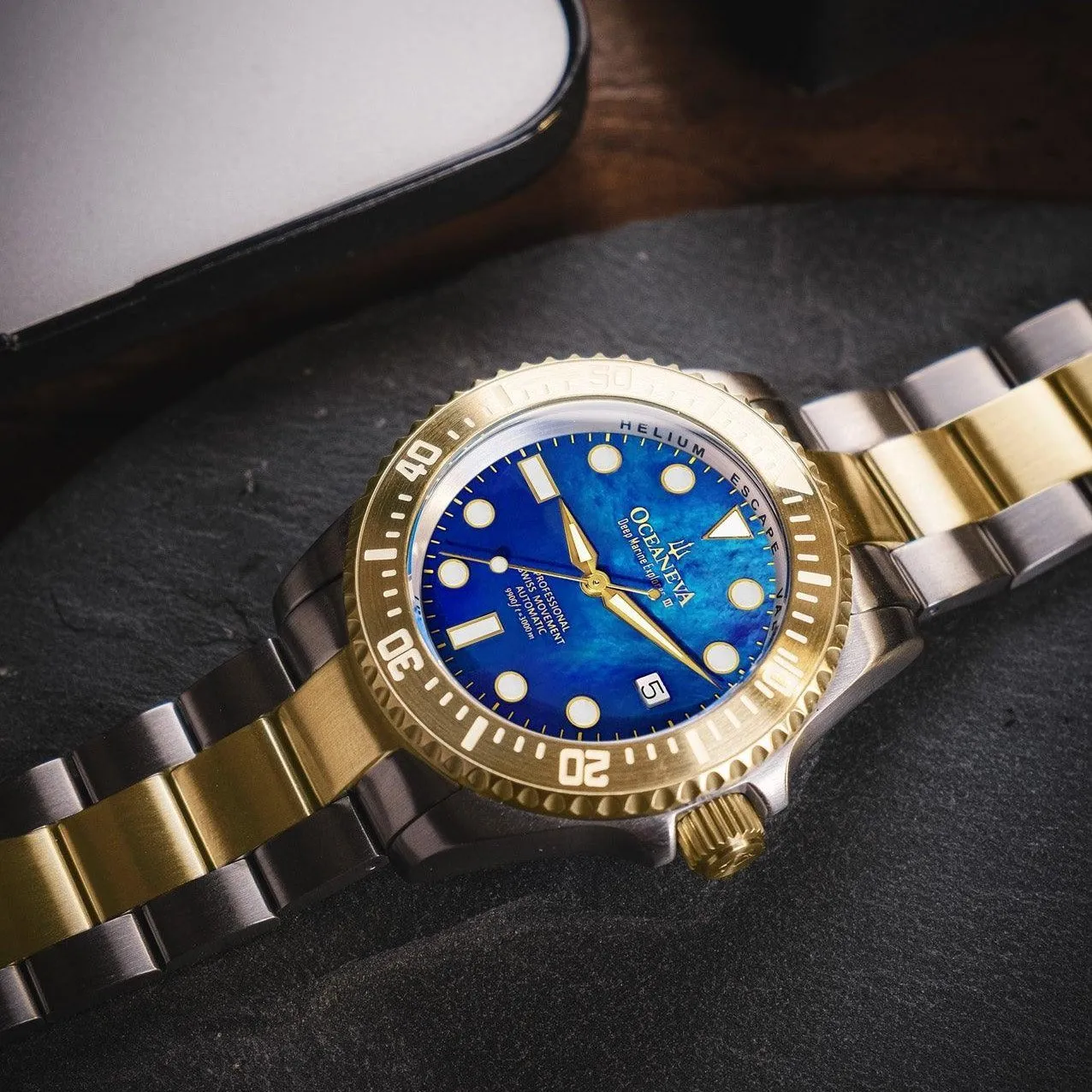 Oceaneva Deep Marine Explorer III Automatic 3000M Pro Diver Gold Blue Mother of Pearl Limited Edition