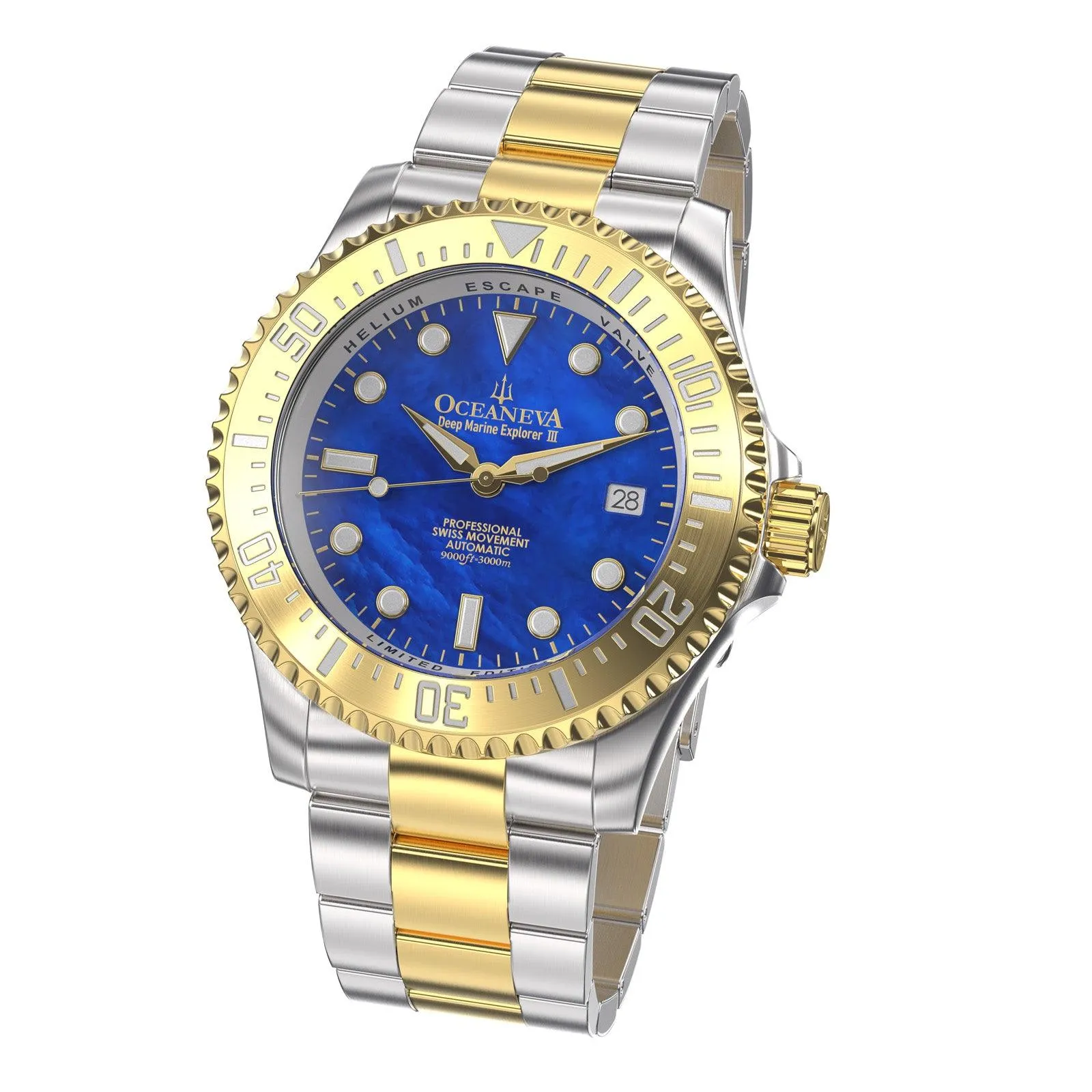 Oceaneva Deep Marine Explorer III Automatic 3000M Pro Diver Gold Blue Mother of Pearl Limited Edition