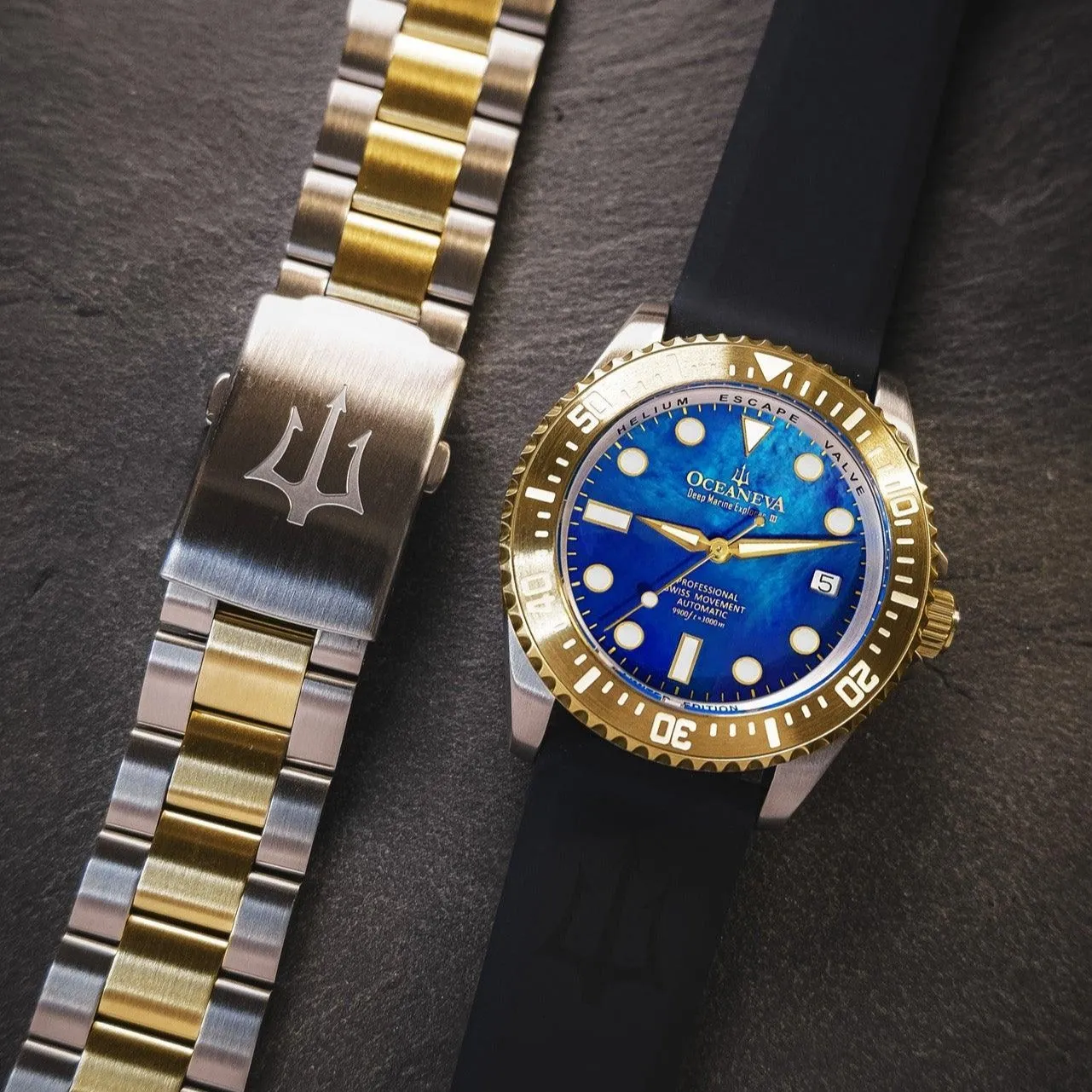 Oceaneva Deep Marine Explorer III Automatic 3000M Pro Diver Gold Blue Mother of Pearl Limited Edition