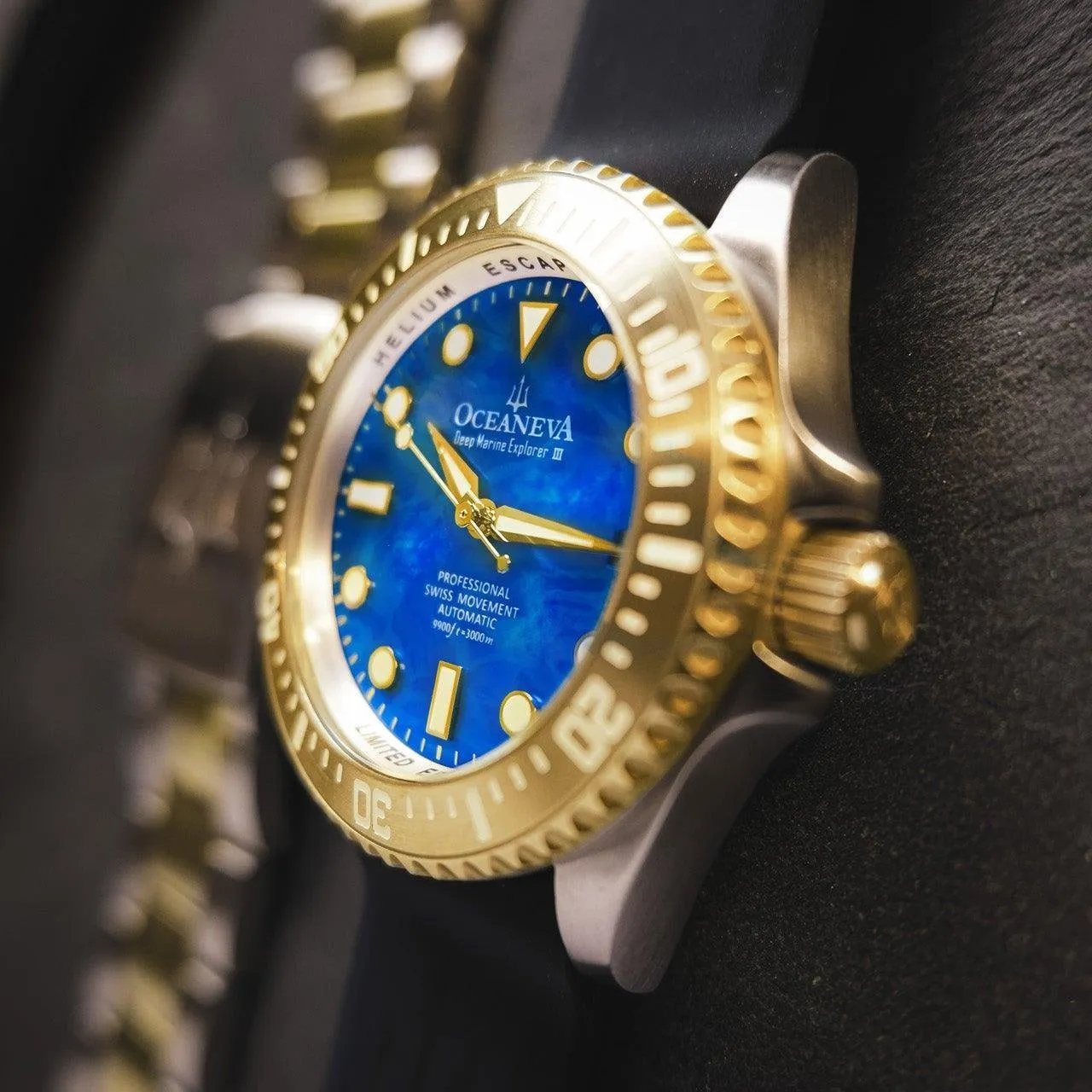 Oceaneva Deep Marine Explorer III Automatic 3000M Pro Diver Gold Blue Mother of Pearl Limited Edition