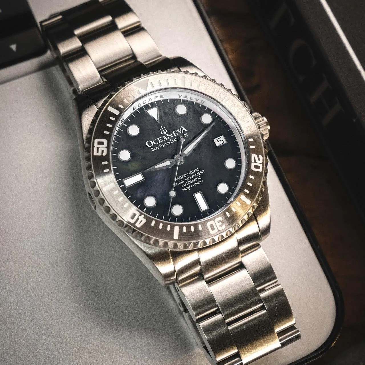 Oceaneva Deep Marine Explorer III Automatic 3000M Pro Diver Gunmetal Gray Mother Of Pearl Limited Edition