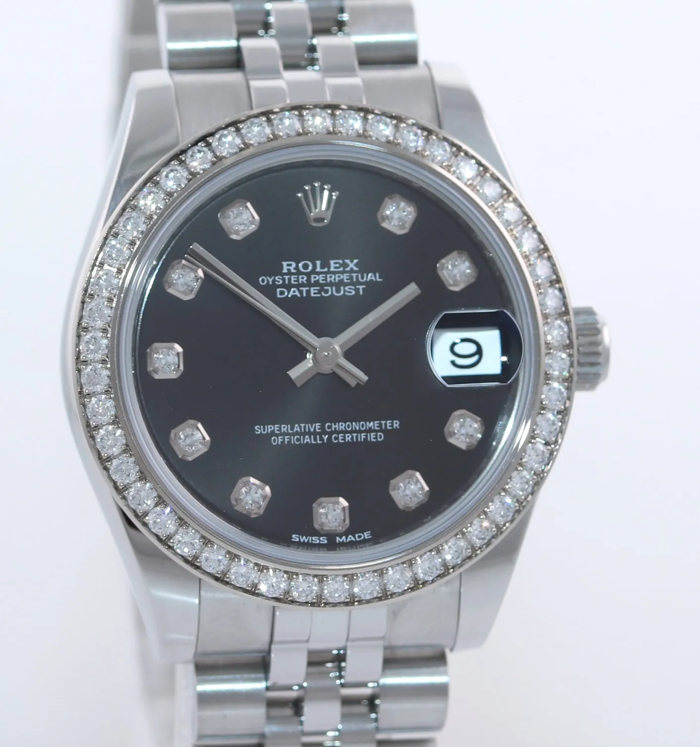 PAPERS 2017 Ladies Rolex DateJust Mid-Size 31 Black Diamond Bezel Watch 178384
