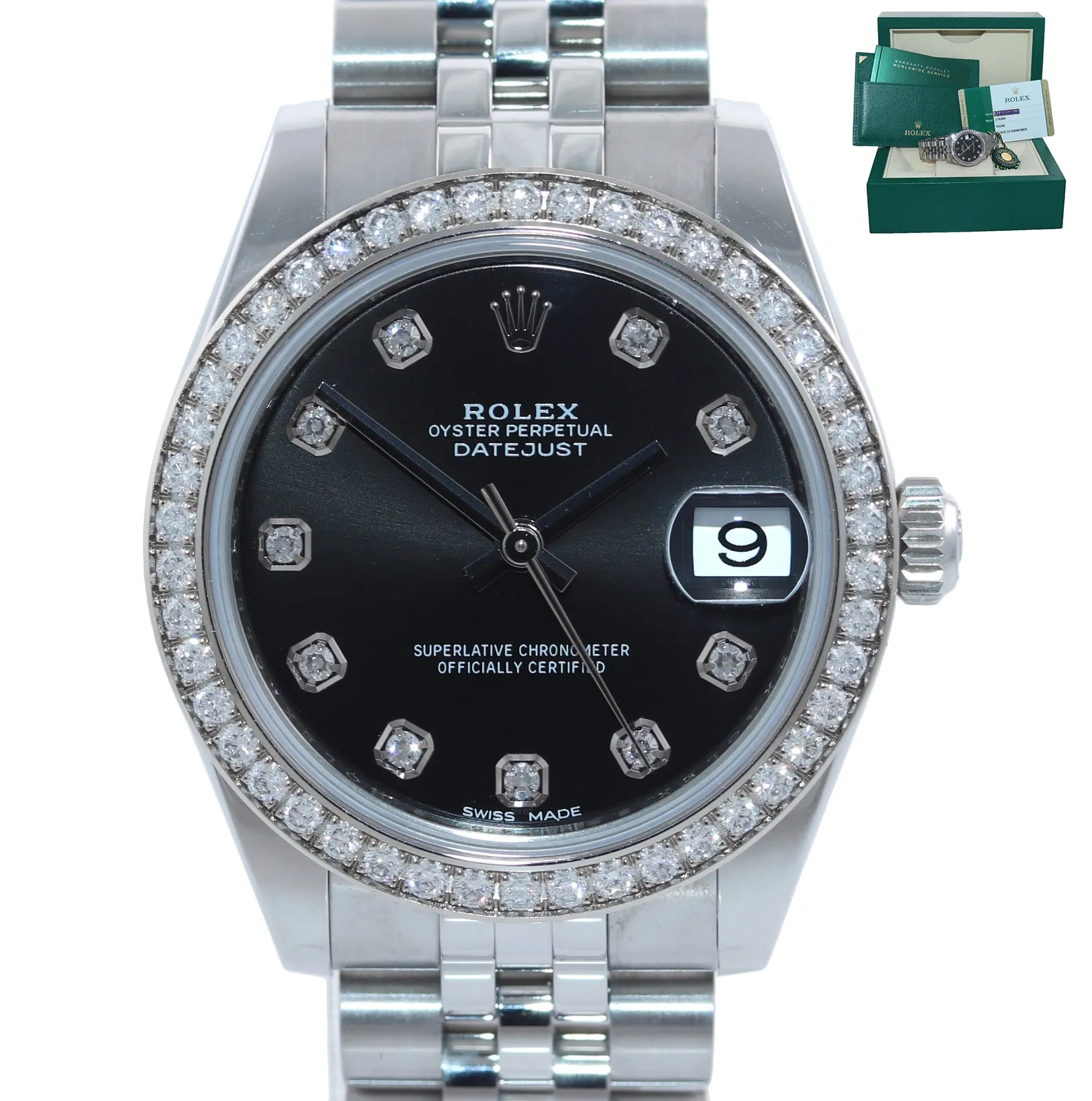 PAPERS 2017 Ladies Rolex DateJust Mid-Size 31 Black Diamond Bezel Watch 178384