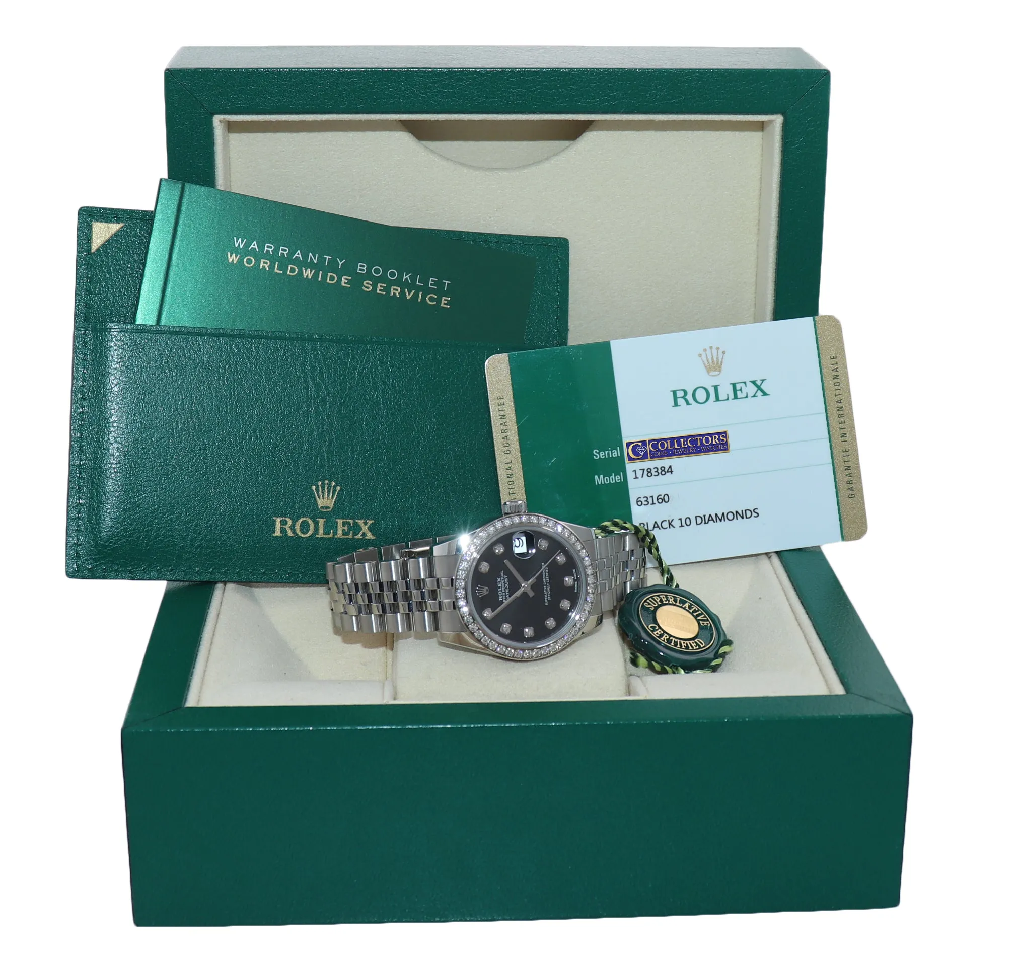 PAPERS 2017 Ladies Rolex DateJust Mid-Size 31 Black Diamond Bezel Watch 178384