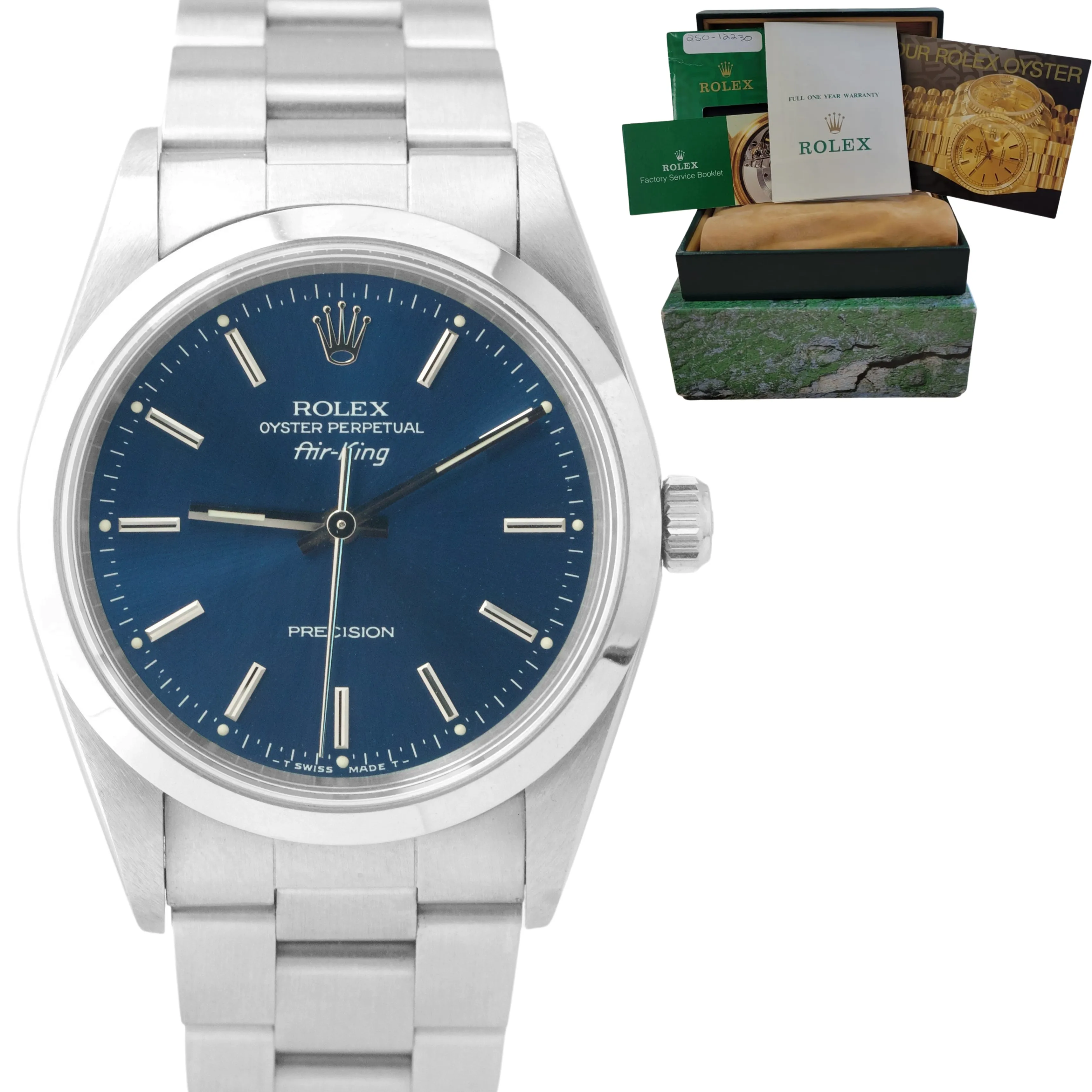 PAPERS BOX Rolex Oyster Perpetual Air-King 34mm Blue Stick Oyster Watch 14000