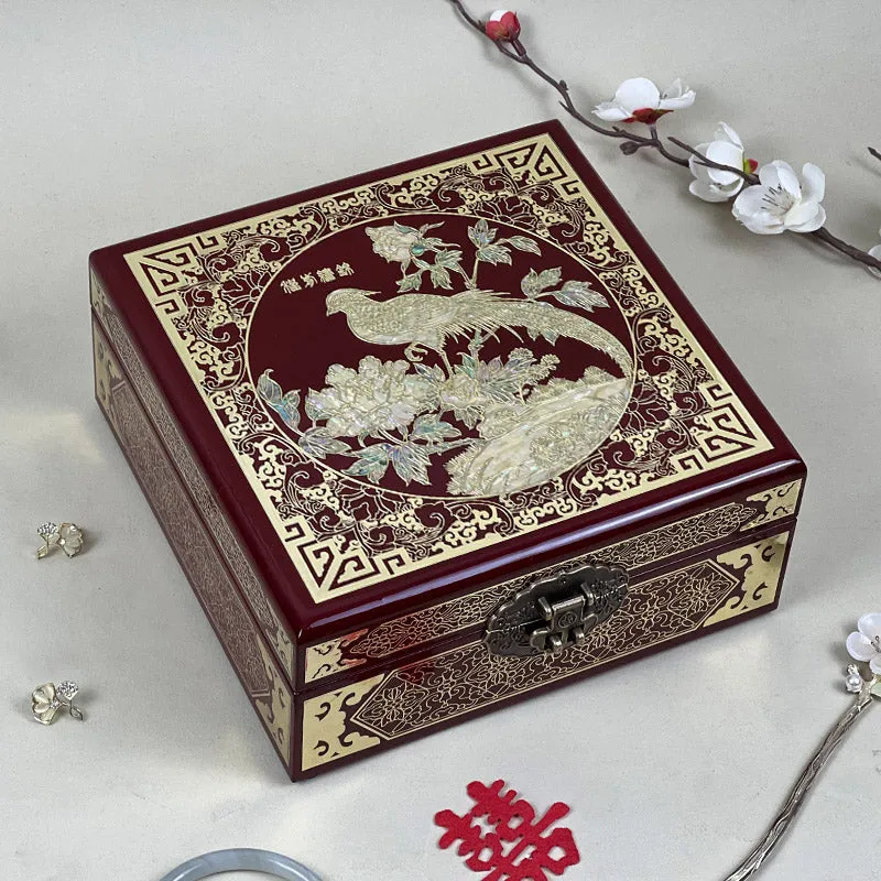Pingyao Intangible Cultural Heritage Lacquer ware Abalone Shell Chinese Style Exquisite Wooden Jewelry Box