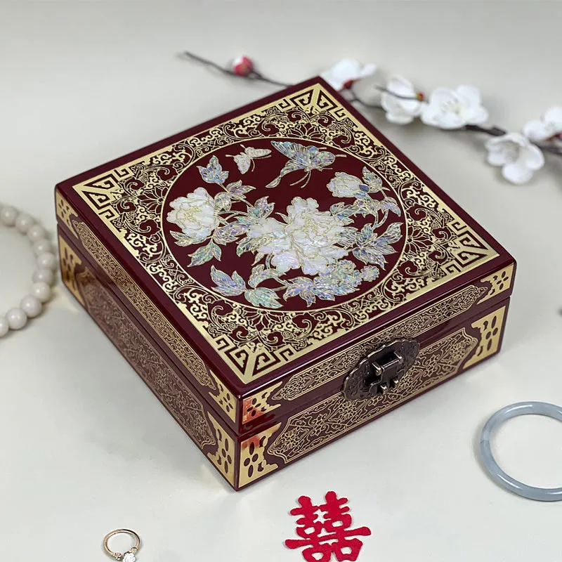 Pingyao Intangible Cultural Heritage Lacquer ware Abalone Shell Chinese Style Exquisite Wooden Jewelry Box