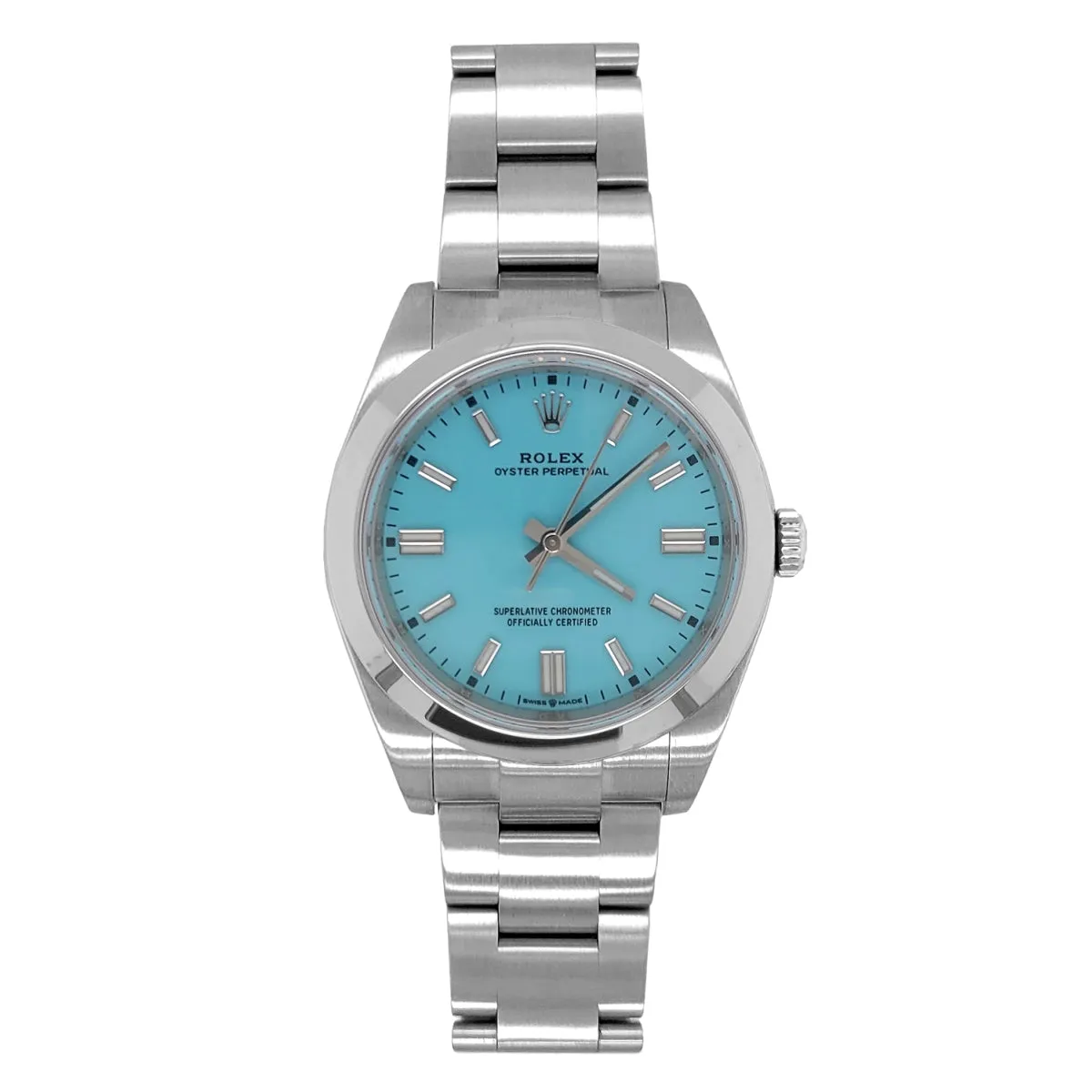 Pre-Owned Rolex Silvertone Stainless Steel Oyster Perpetual with 36X36 MM Turquoise Color Round Dial. 126000