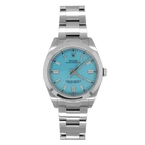 Pre-Owned Rolex Silvertone Stainless Steel Oyster Perpetual with 36X36 MM Turquoise Color Round Dial. 126000