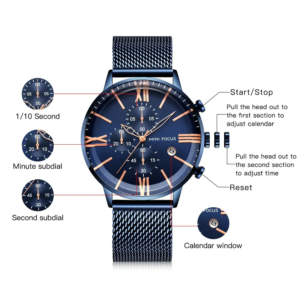 Relogio Masculino MINI FOCUS Sport Quartz Watches Mens Analog Date Waterproof Fashion Stainless Steel Military Business Watch