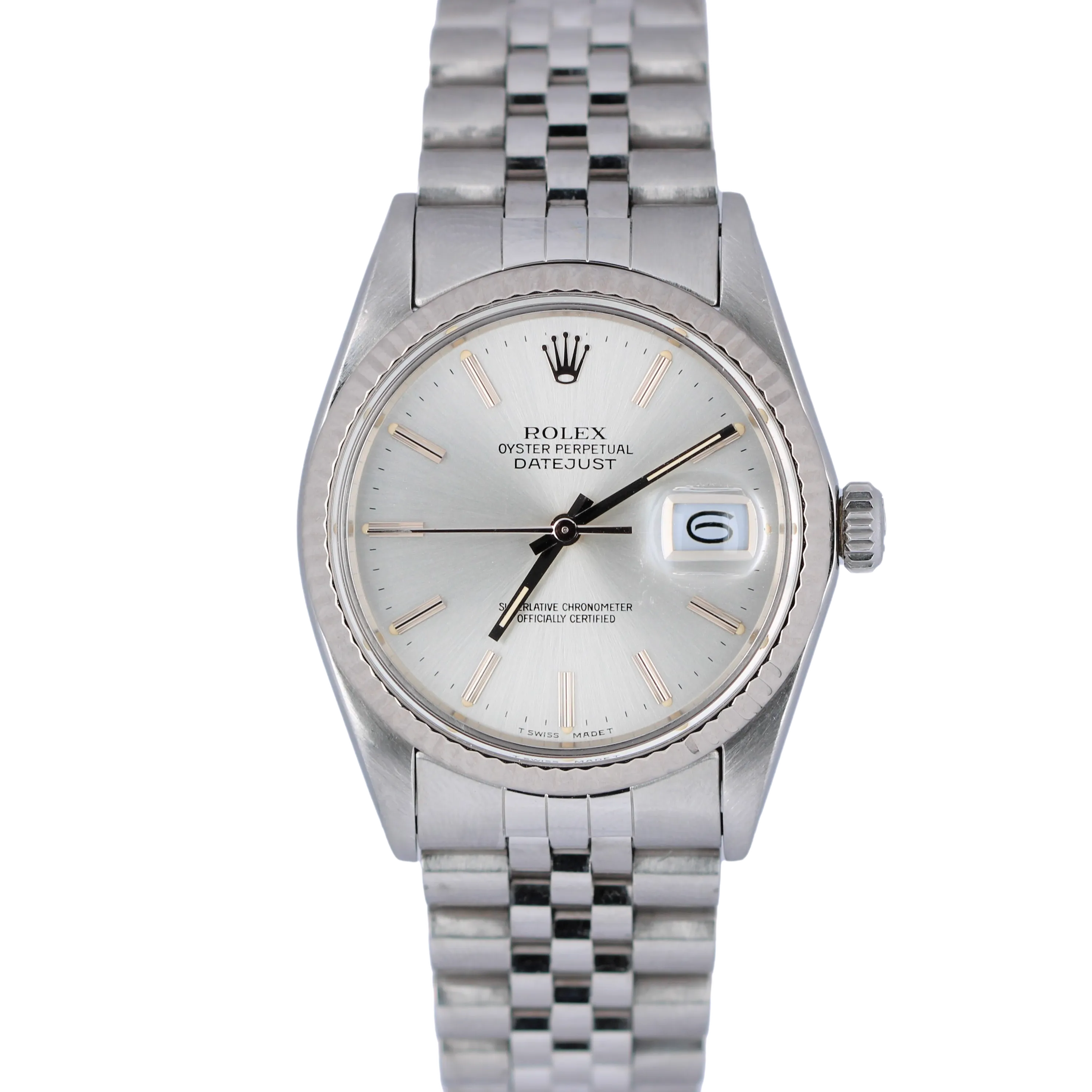 Rolex DateJust Silver Dial Fluted Jubilee Stainless Steel 36mm 16014 Watch
