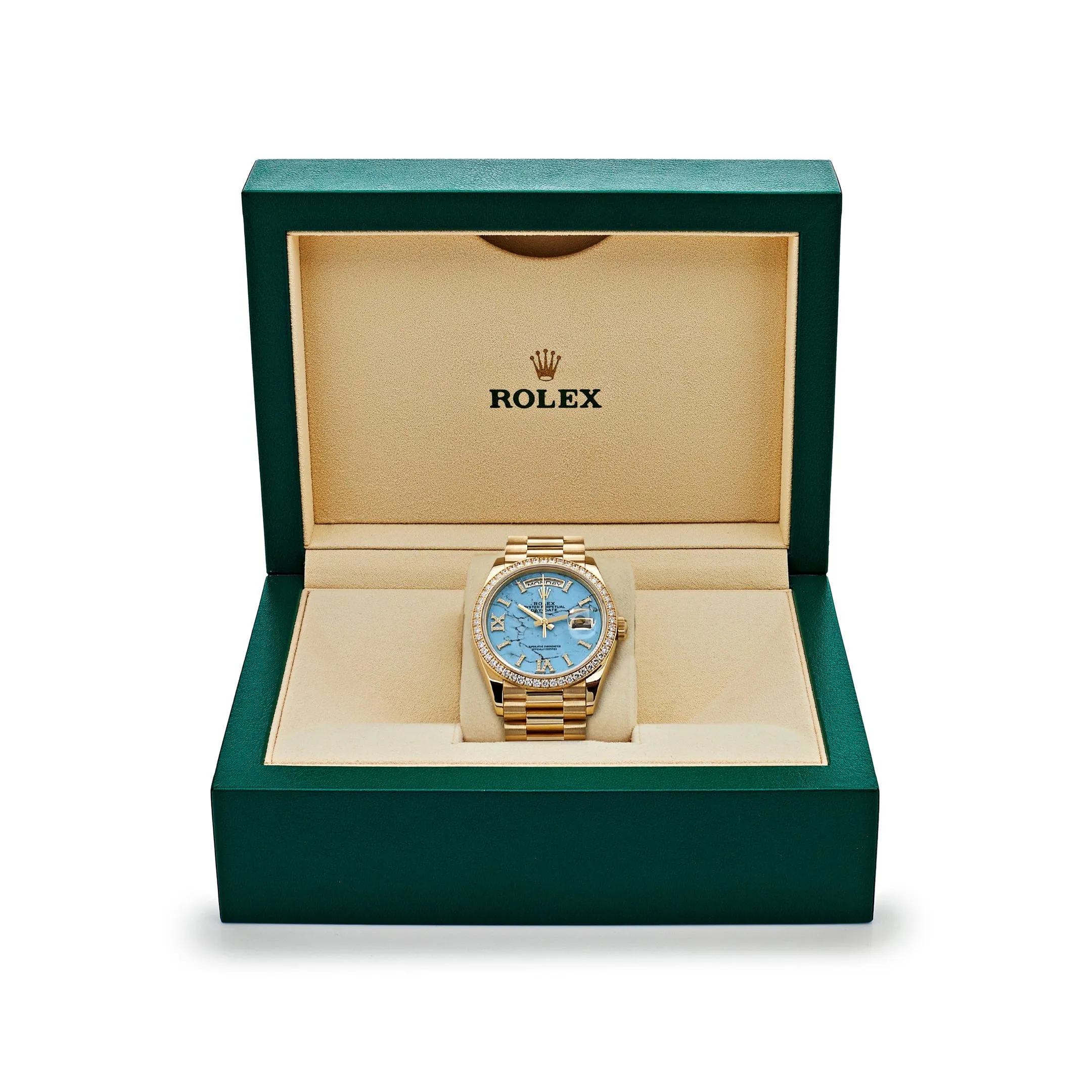 Rolex Day-Date 128348RBR Yellow Gold Diamond Bezel Turquoise Diamond Dial