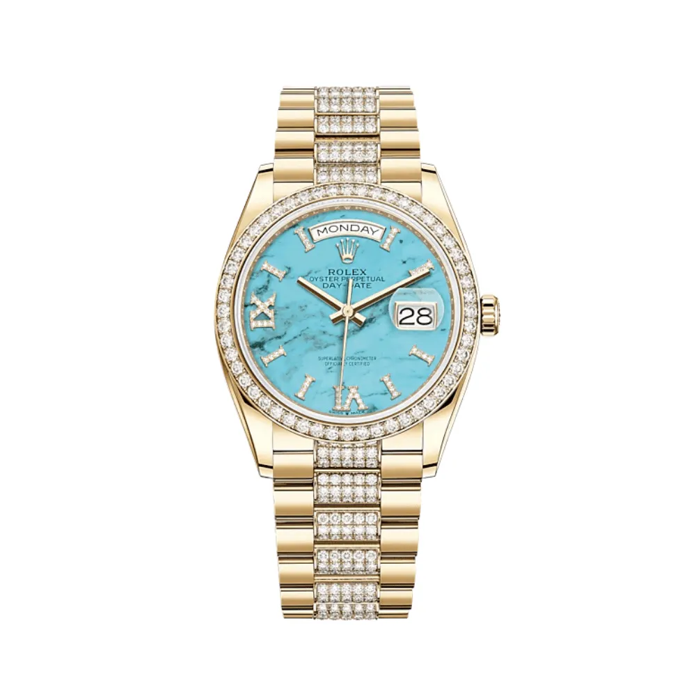 Rolex Day-Date 128348RBR Yellow Gold Diamond Bezel Turquoise Diamond Dial