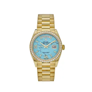 Rolex Day-Date 128348RBR Yellow Gold Diamond Bezel Turquoise Diamond Dial