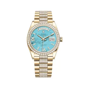 Rolex Day-Date 128348RBR Yellow Gold Diamond Bezel Turquoise Diamond Dial