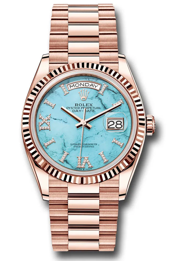Rolex Everose Gold Day-Date 36 Watch - Fluted Bezel - Turquoise Diamond Index Roman 9 Dial - President Bracelet - 128235 tdidrp