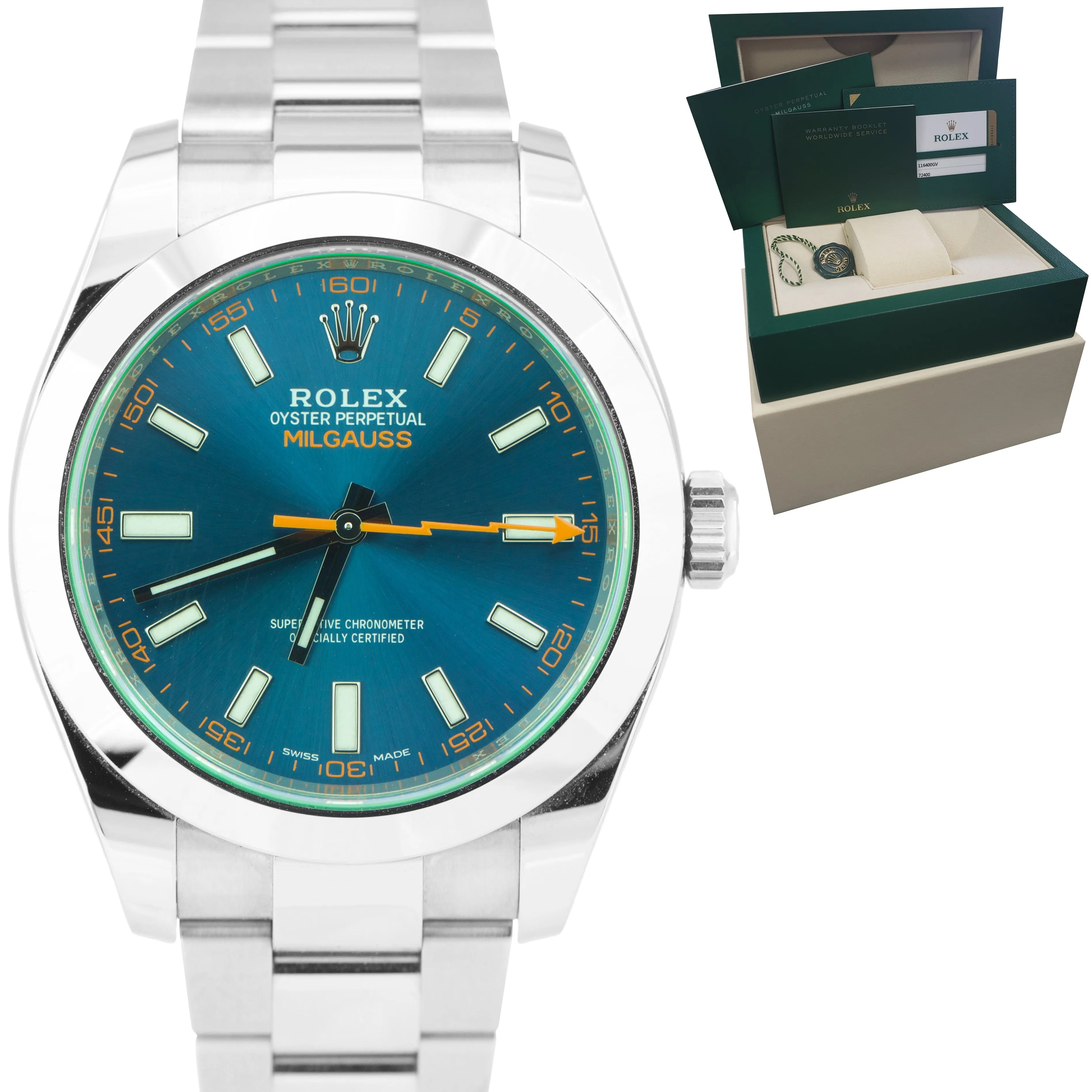 Rolex Milgauss Z-Blue Green 40mm 116400 GV 40mm Stainless Steel Watch B P