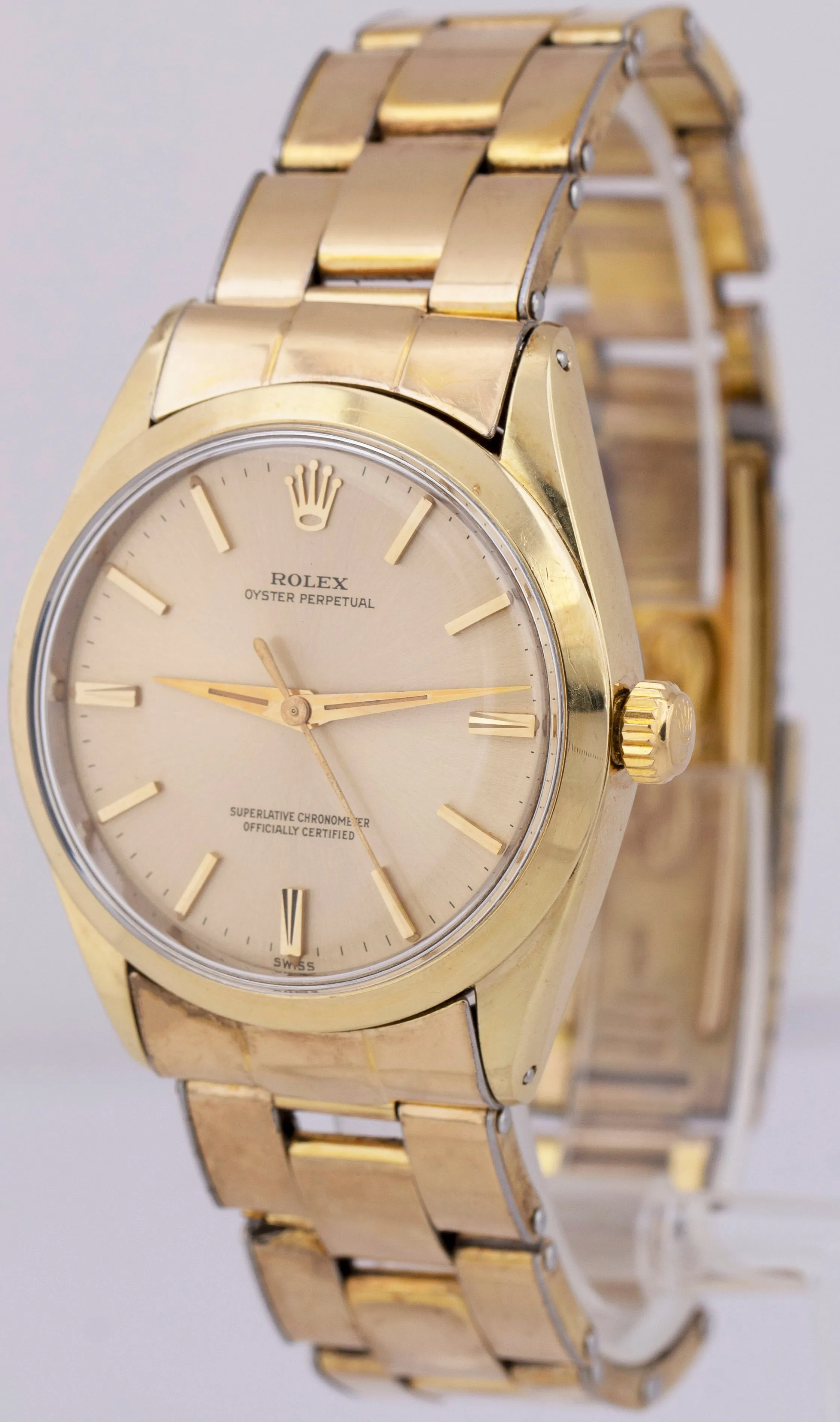 Rolex Oyster Perpetual 34mm Gold Shell Cap Champagne Automatic Watch 1024