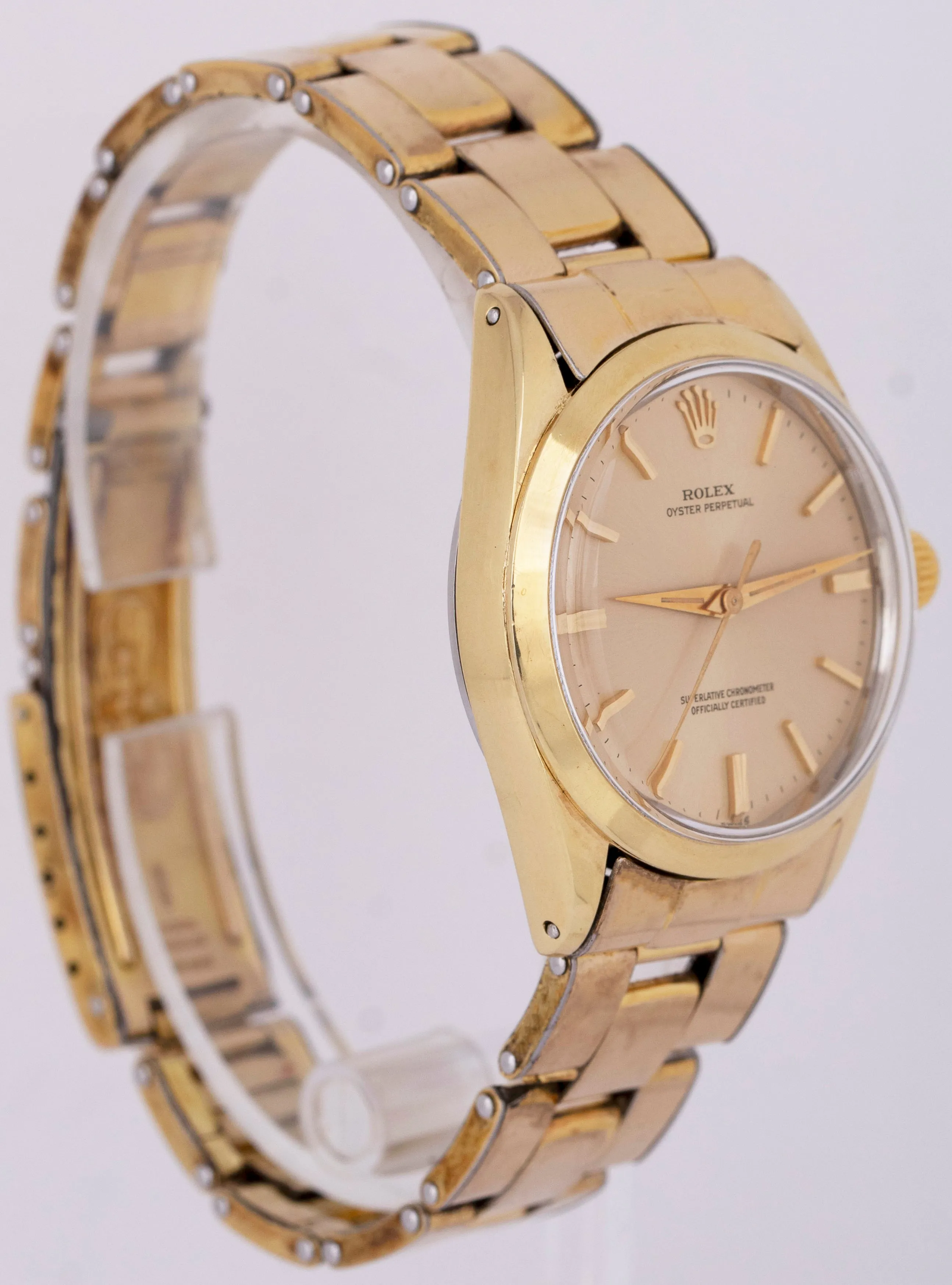 Rolex Oyster Perpetual 34mm Gold Shell Cap Champagne Automatic Watch 1024