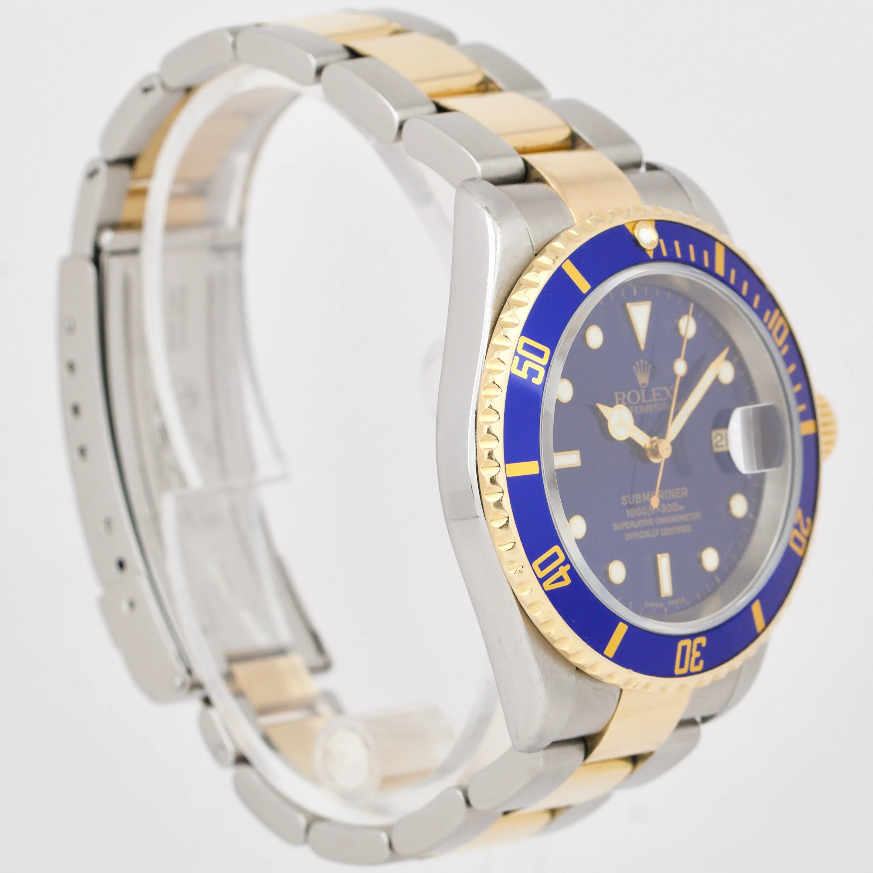 Rolex Submariner 18K Two-Tone Yellow Gold Blue NO-HOLES 40mm Steel Watch 16613