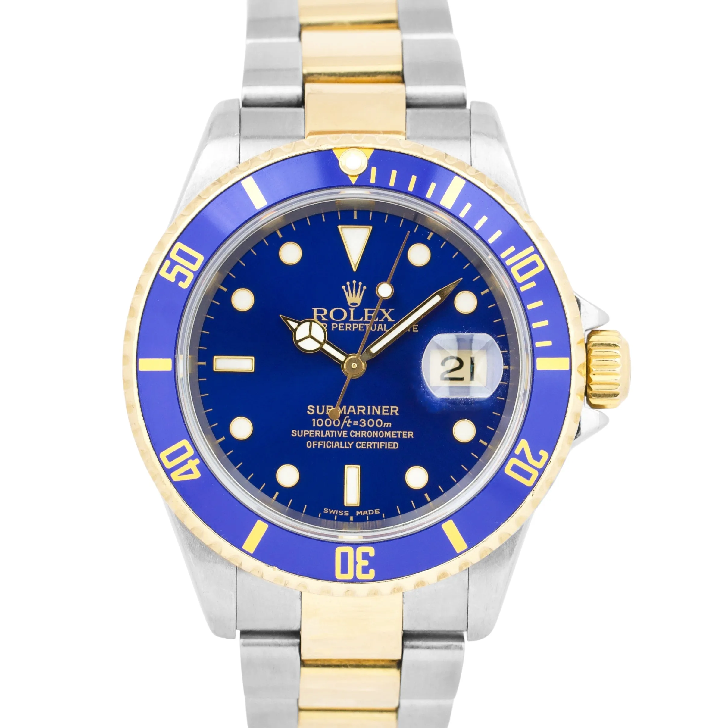 Rolex Submariner 18K Two-Tone Yellow Gold Blue NO-HOLES 40mm Steel Watch 16613