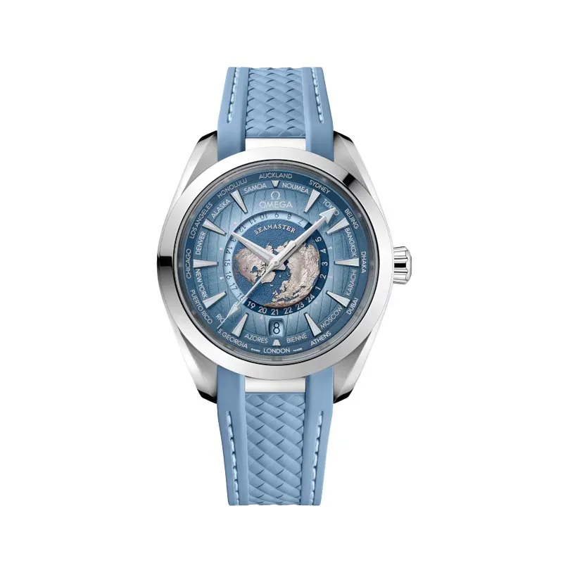 Seamaster Aqua Terra 150M Summer Blue GMT Worldtimer Watch On Rubber Strap, 43mm