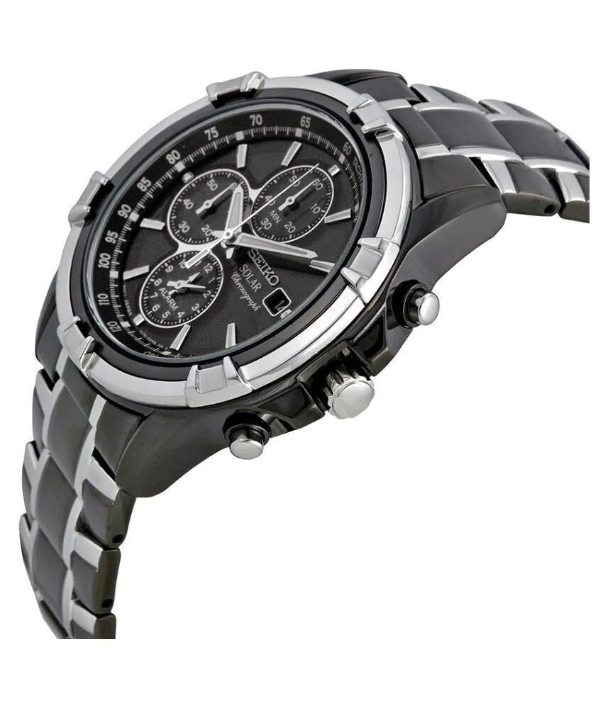 Seiko Essentials SSC143 Black Dial Solar Alarm Chronograph 10 ATM Water Resistant 42.5mm Men's Watch