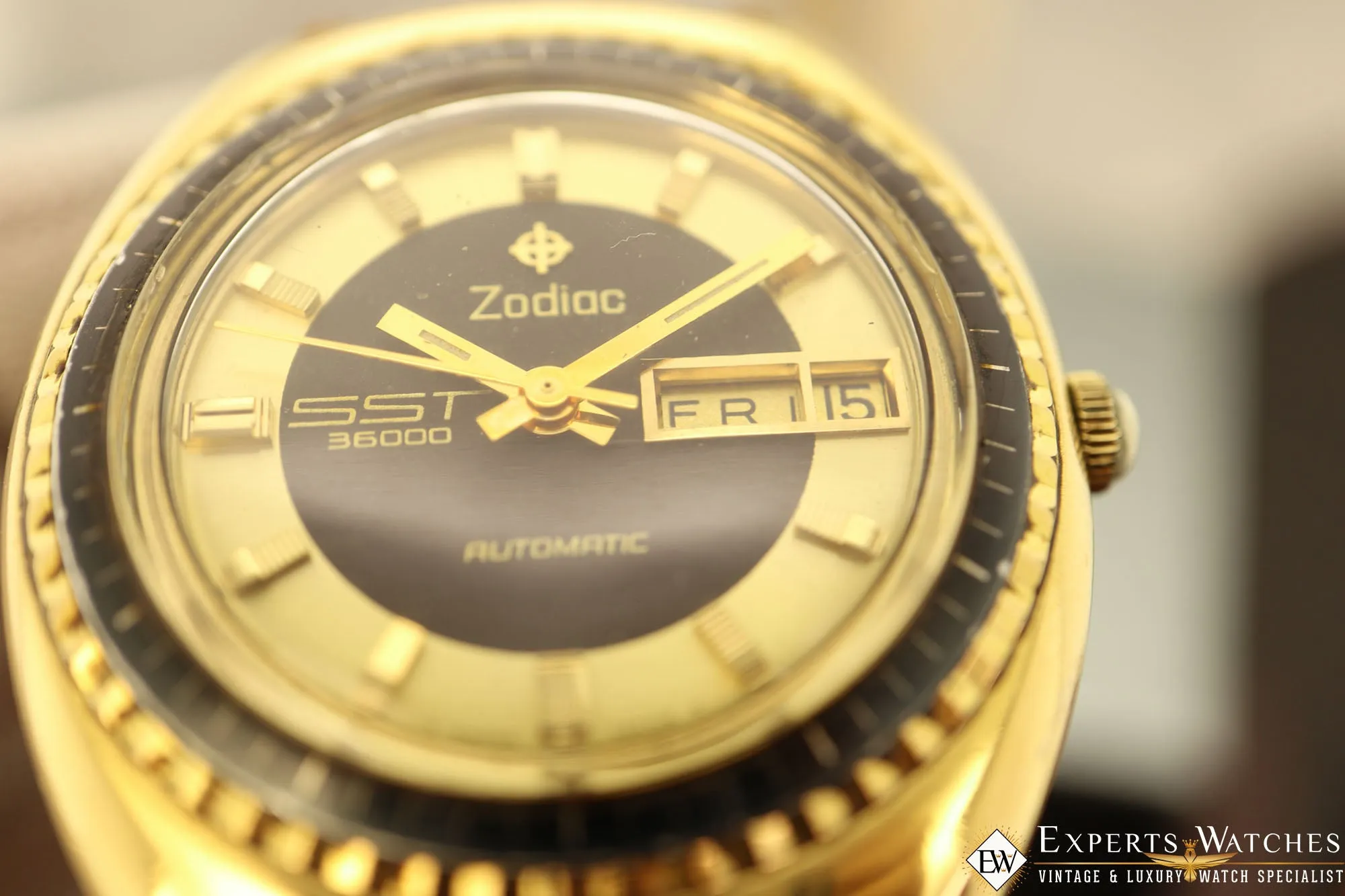 Serviced Rare Vintage Zodiac Gold SST 36000 BPH Automatic Day Date Watch Hi-Beat