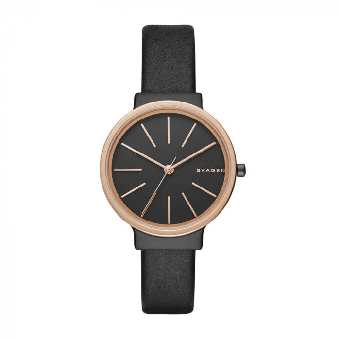Skagen Ancher Black Leather Strap Black Dial Quartz Watch for Ladies - SKW2480