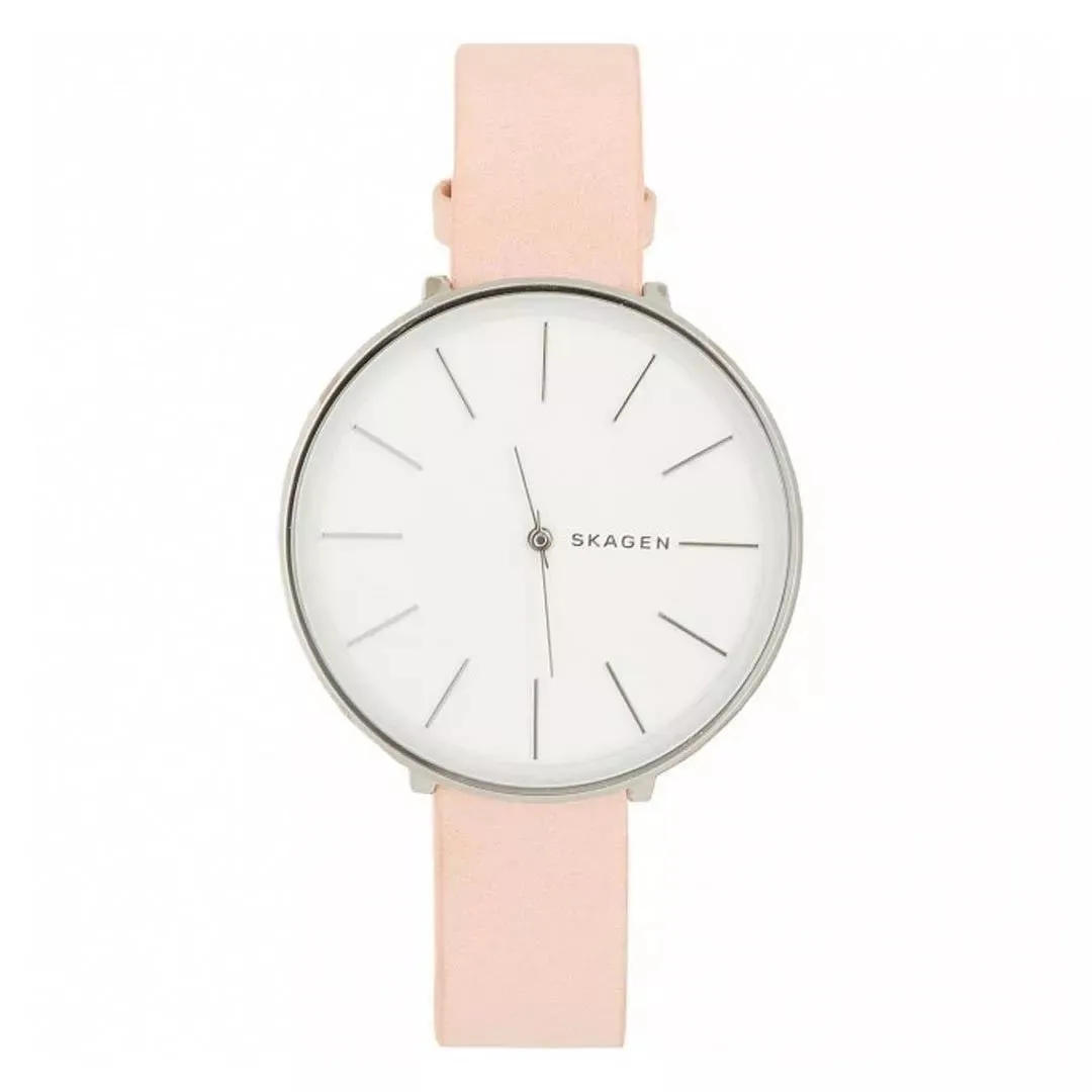 Skagen Karolina Ladies White Dial Silver Case Pink Leather Strap Watch