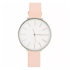 Skagen Karolina Ladies White Dial Silver Case Pink Leather Strap Watch