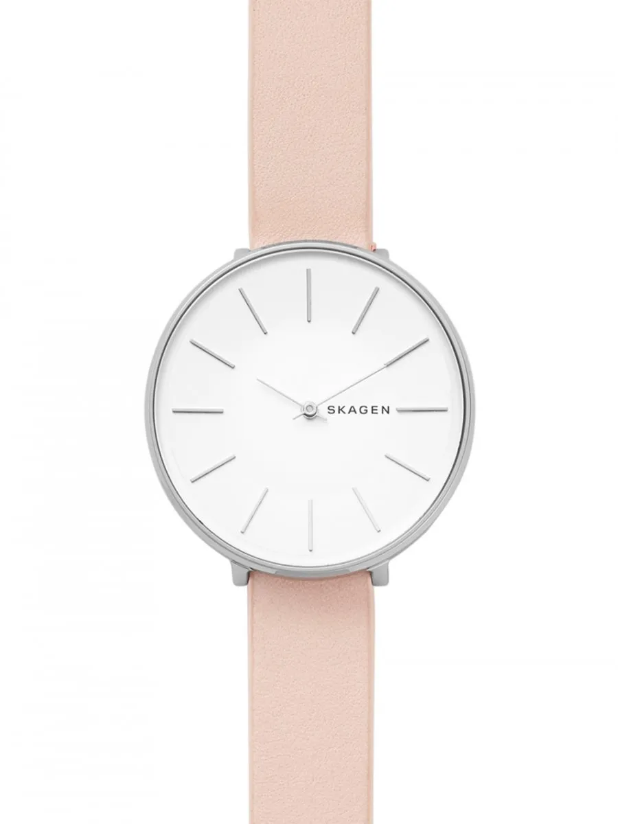 Skagen Karolina Ladies White Dial Silver Case Pink Leather Strap Watch