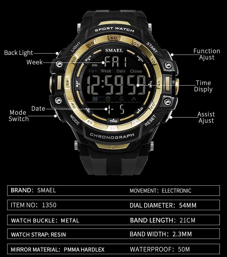 SMAEL Brand Mens Sports Watches Men Military Multifunction Electronic Watche Dive 50m LED Men Fashion Wristwatches Relojes Clock