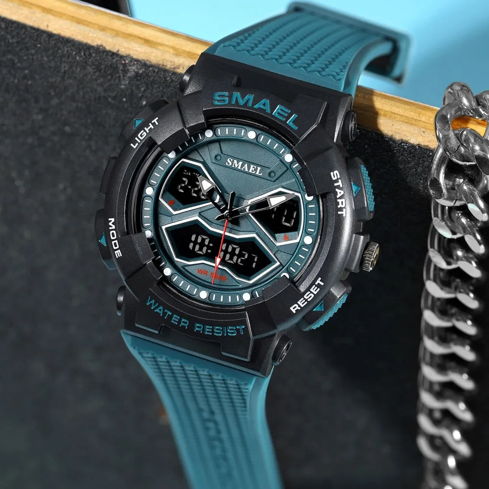SMAEL Creative Fashion for Men Sport Watches Youth Quartz Analog Wristwatches LED Digital Waterproof Student Multifunction Clock