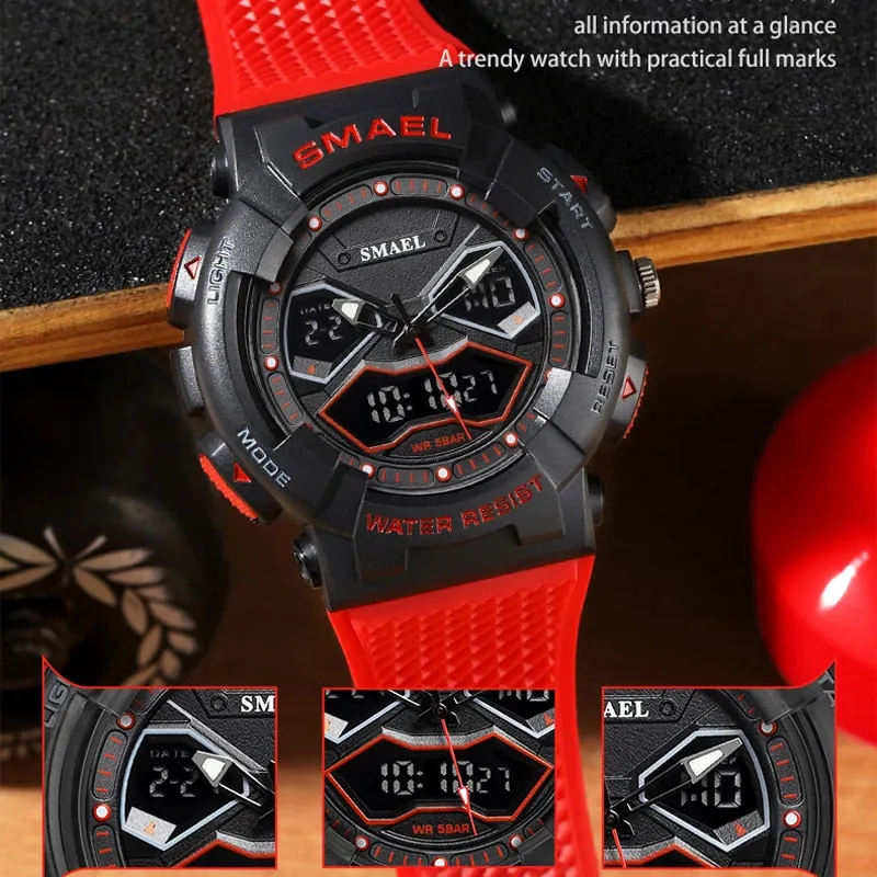 SMAEL Creative Fashion for Men Sport Watches Youth Quartz Analog Wristwatches LED Digital Waterproof Student Multifunction Clock