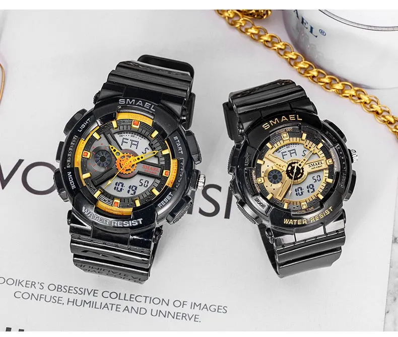 SMAEL Fashion Couple Sports Watch Men Women Luminous Waterproof Digital Quartz Watches Mens Auto Date Black Gold Wrist Watches