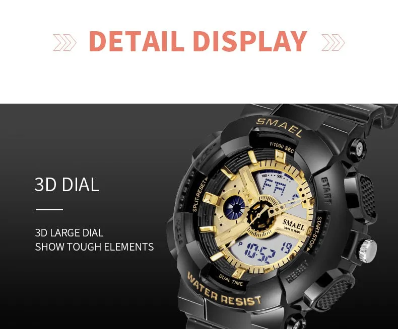 SMAEL Fashion Couple Sports Watch Men Women Luminous Waterproof Digital Quartz Watches Mens Auto Date Black Gold Wrist Watches