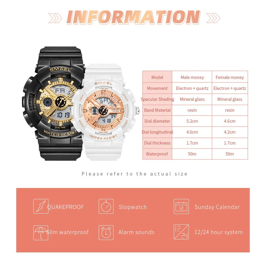 SMAEL Fashion Couple Sports Watch Men Women Luminous Waterproof Digital Quartz Watches Mens Auto Date Black Gold Wrist Watches