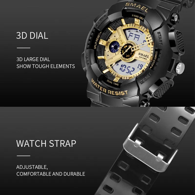 SMAEL Fashion Couple Sports Watch Men Women Luminous Waterproof Digital Quartz Watches Mens Auto Date Black Gold Wrist Watches