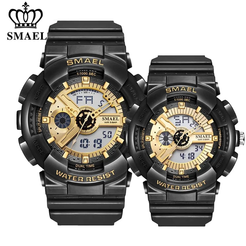 SMAEL Fashion Couple Sports Watch Men Women Luminous Waterproof Digital Quartz Watches Mens Auto Date Black Gold Wrist Watches