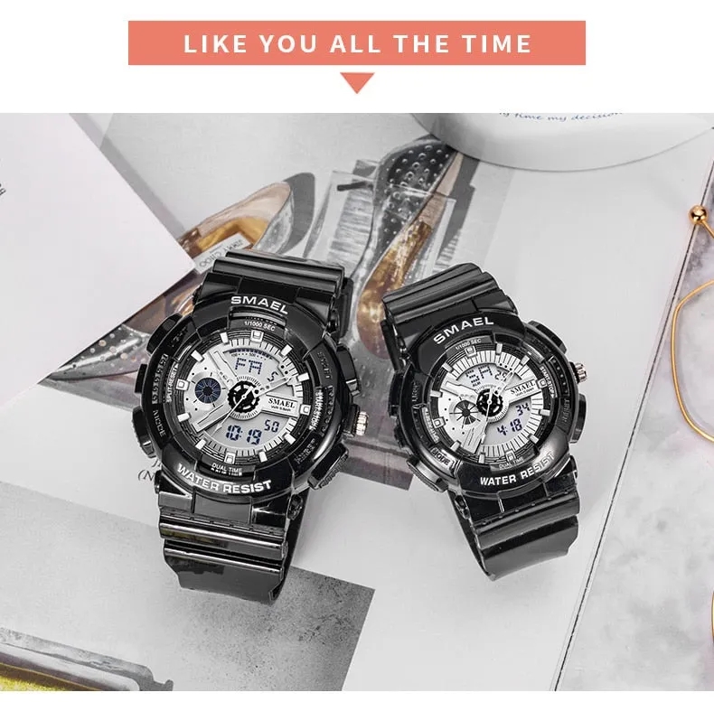 SMAEL Fashion Couple Sports Watch Men Women Luminous Waterproof Digital Quartz Watches Mens Auto Date Black Gold Wrist Watches