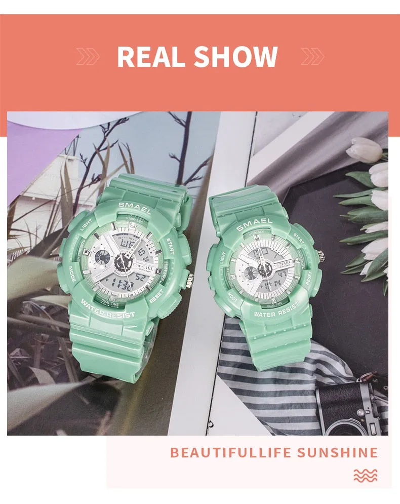 SMAEL Fashion Couple Sports Watch Men Women Luminous Waterproof Digital Quartz Watches Mens Auto Date Black Gold Wrist Watches
