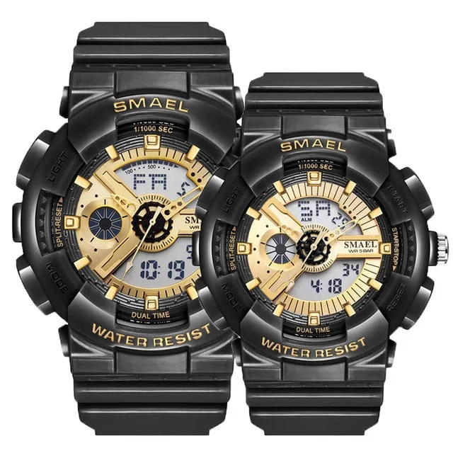 SMAEL Fashion Couple Sports Watch Men Women Luminous Waterproof Digital Quartz Watches Mens Auto Date Black Gold Wrist Watches
