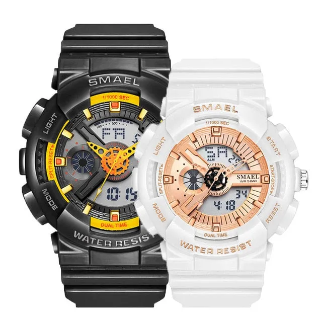 SMAEL Fashion Couple Sports Watch Men Women Luminous Waterproof Digital Quartz Watches Mens Auto Date Black Gold Wrist Watches