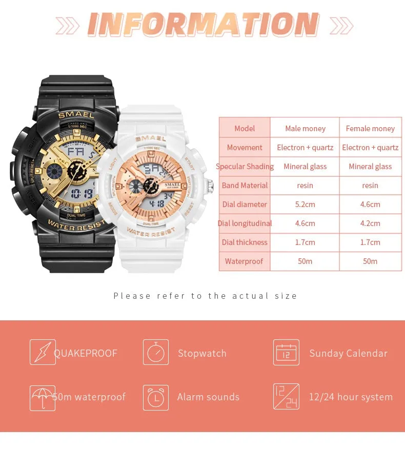 SMAEL Fashion Couple Sports Watch Men Women Luminous Waterproof Digital Quartz Watches Mens Auto Date Black Gold Wrist Watches