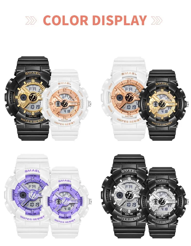 SMAEL Fashion Couple Sports Watch Men Women Luminous Waterproof Digital Quartz Watches Mens Auto Date Black Gold Wrist Watches